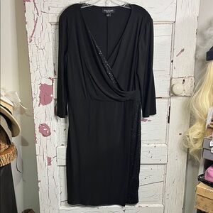 Perceptions Black Long Sleeve Dress Faux Wrap Peek-a-boo sparkles Sz 8 Pull On